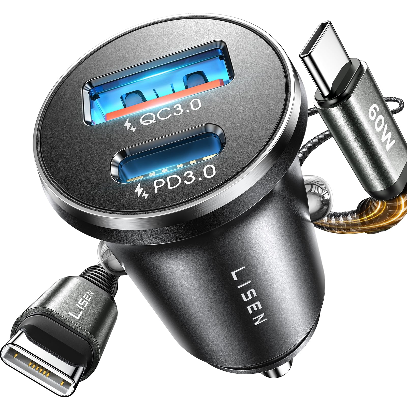 LISEN Carga Rápida 69W Cable Coche iPhone 17 16 15 Pro paraSamsung S25 Xiaomi 60W 12V Mechero Cargador Tech Camper